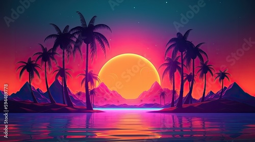 3d tropical sunset with island and palm trees 80's 90's retro landscape, AI