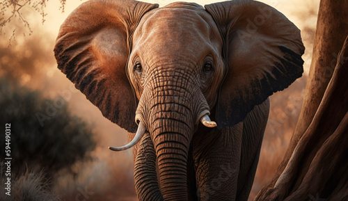 夕日の草原を歩く象の接写 Elephant walking in the meadow at sunset   Generative AI © 小松 泰彦