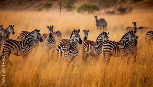 Flock of zebras in a grassland ai  ai generative  illustration