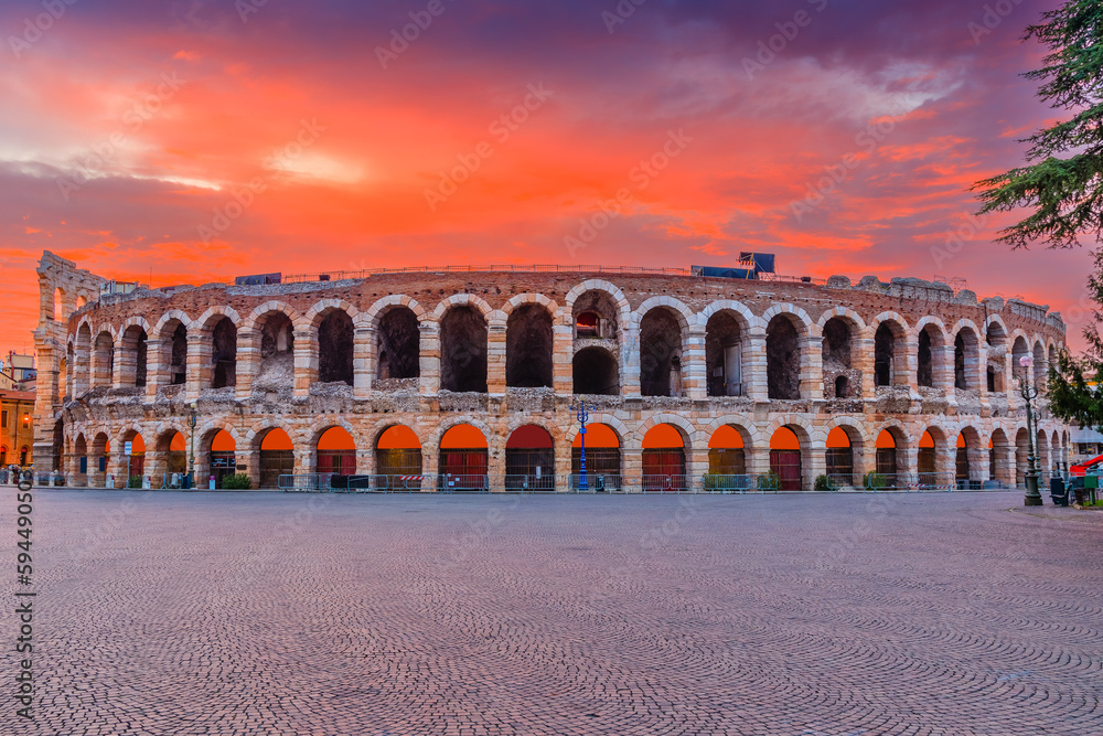 Verona, Italy. The Verona Arena, Roman amphitheatre in Piazza Bra at sunrise.
