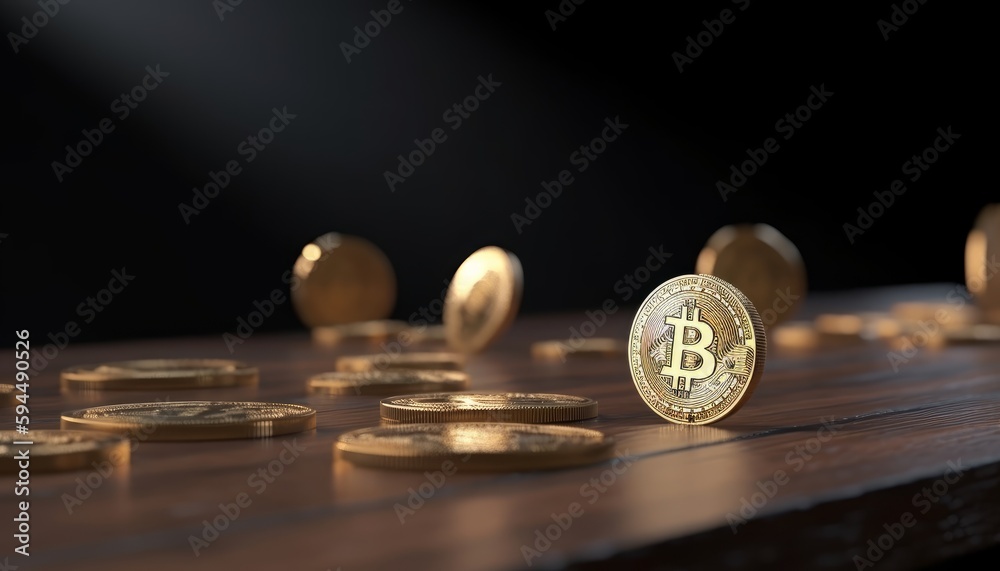 Bitcoin falling on a wooden table ai, ai generative, illustration