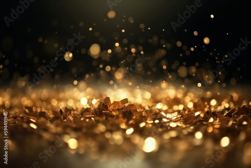 Golden glitter particles flying in the air with abstract Twinkly Lights and grunge background. Shiny texture for Christmas and luxury celebration. AI Generative.