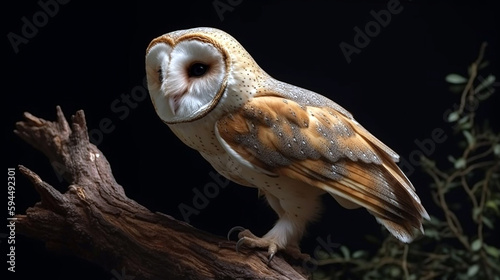 A beautiful barn owl perched on a tree stump