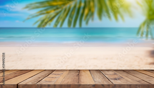 Empty wooden table on a beautiful blured tropical beach background, Summer holiday background for product displa, Ai generated 