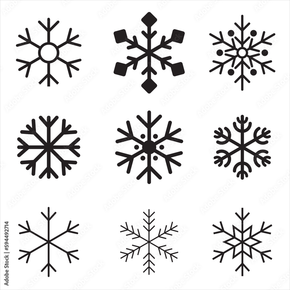 Snowflakes icon collection isolated on white. Vector Christmas and New Year decoration elements.