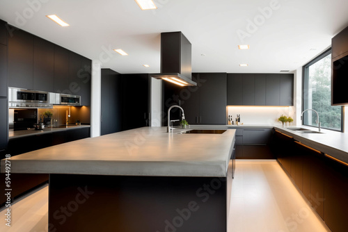 A contemporary kitchen with concrete countertops, black cabinets and built-in appliances. Generative AI