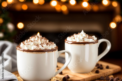 A cup of steaming hot chocolate topped with whipped cream and chocolate shavings. Generative AI