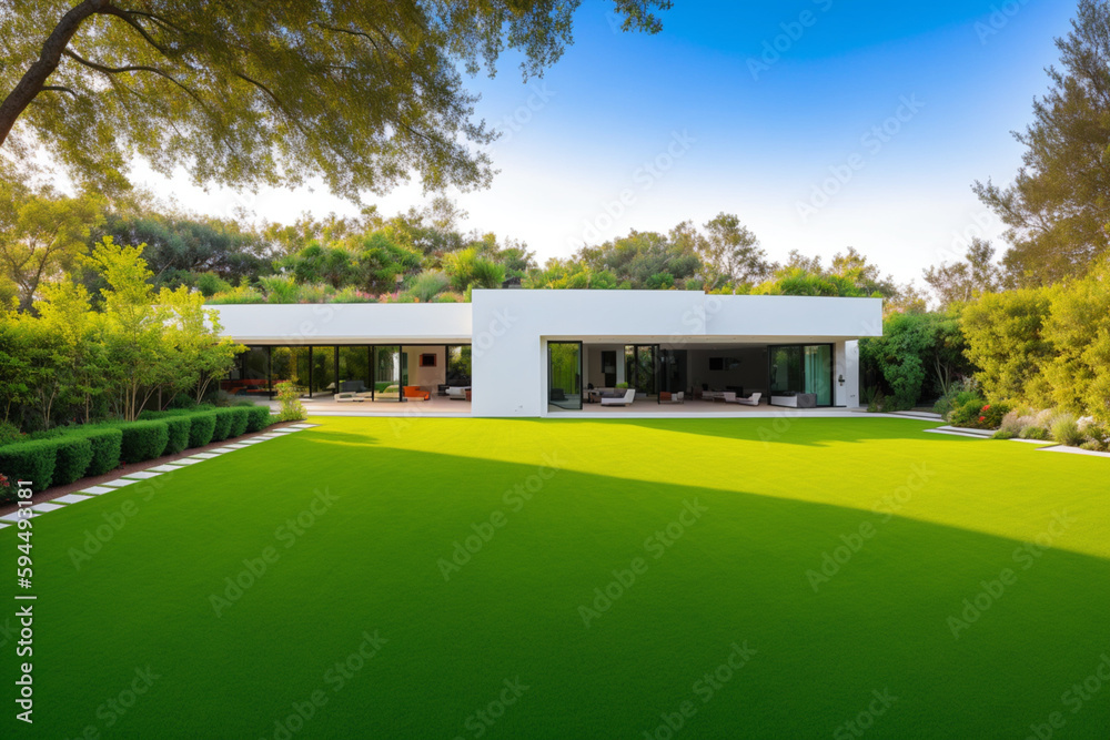 a modern house with a well-tended garden. Generative AI a modern house with a well-tended garden. Generative AI