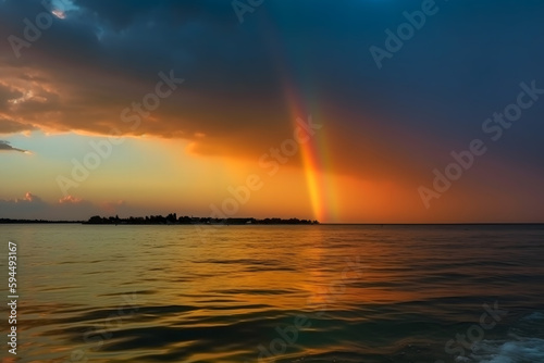 sunset over the ocean with rainbow