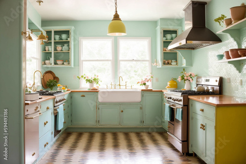 A retro-style kitchen with pastel cabinets, vintage appliances and a hydraulic tile floor. Generative AI