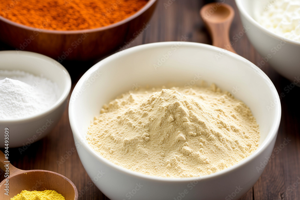 dry ingredients such as flour, sugar and yeast in ceramic bowls and measuring spoons. Generative AI dry ingredients such as flour, sugar and yeast in ceramic bowls and measuring spoons. Generative AI