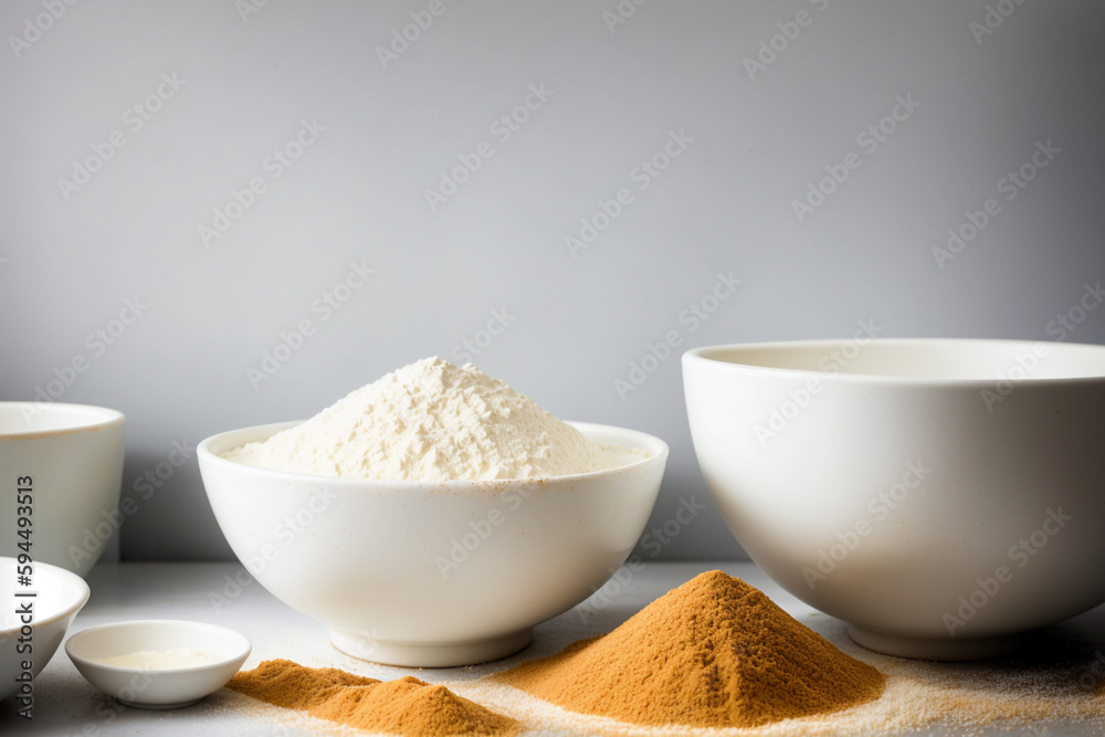 dry ingredients such as flour, sugar and yeast in ceramic bowls and measuring spoons. Generative AI dry ingredients such as flour, sugar and yeast in ceramic bowls and measuring spoons. Generative AI