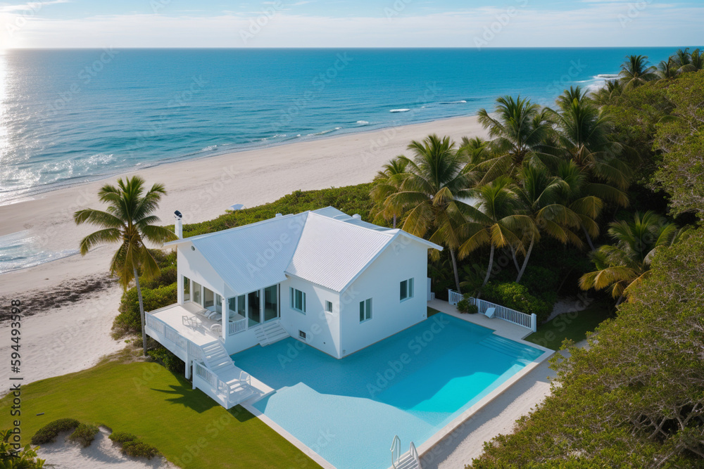 white beach house overlooking the sea. Generative AI