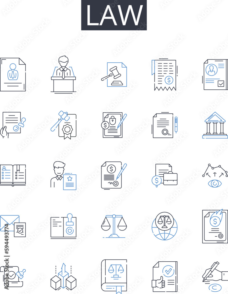 Law line icons collection. Justice, Legislation, Rulebook, Statute, Decree, Regulation, Bylaw vector and linear illustration. Code,Statutory law,Ordinance outline signs set
