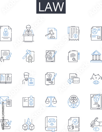Law line icons collection. Justice, Legislation, Rulebook, Statute, Decree, Regulation, Bylaw vector and linear illustration. Code,Statutory law,Ordinance outline signs set