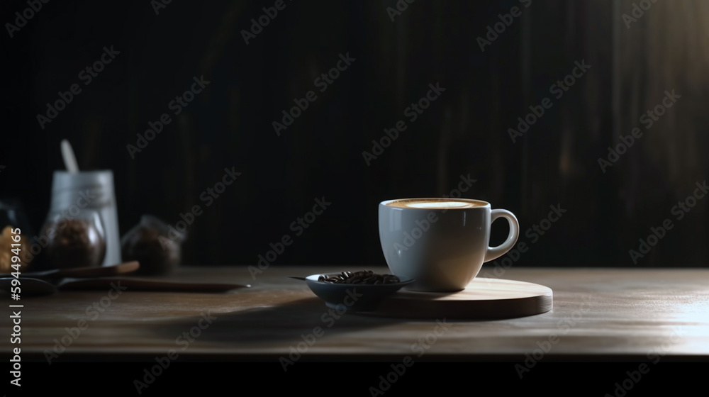 Coffee cup and beans on old kitchen table. Top view with copy space for your text