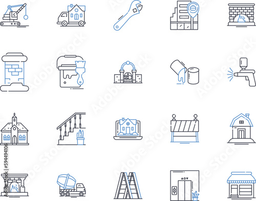Cement truck line icons collection. Concrete, Mixer, Delivery, Construction, Heavy, Truck, Pour vector and linear illustration. Hose,Sand,Gravel outline signs set