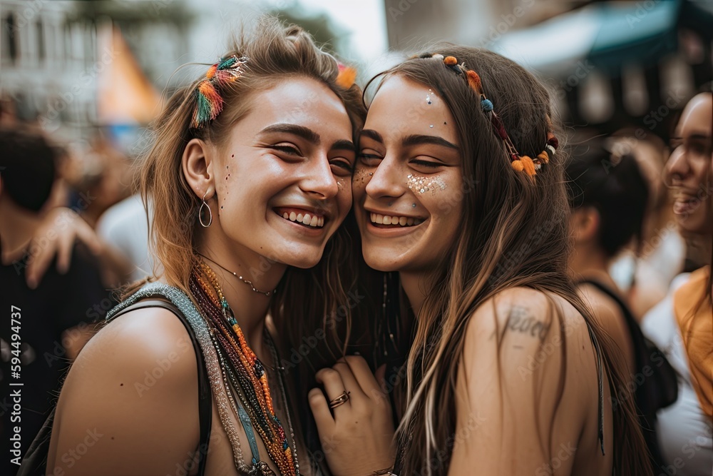 young lesbian couple celebrating at the pride festival young lesbian couple celebrating at the pride festival