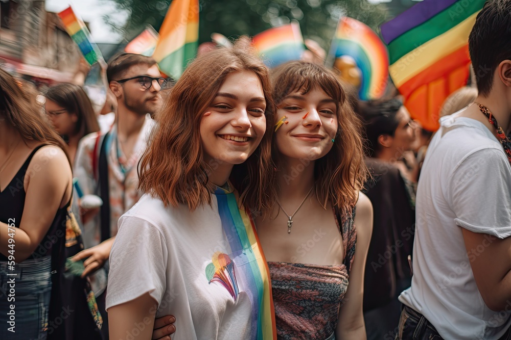 Fototapeta premium Young female couple dancing and celebrating at a festival