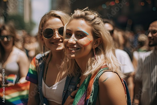 Young female couple dancing and celebrating at a festival