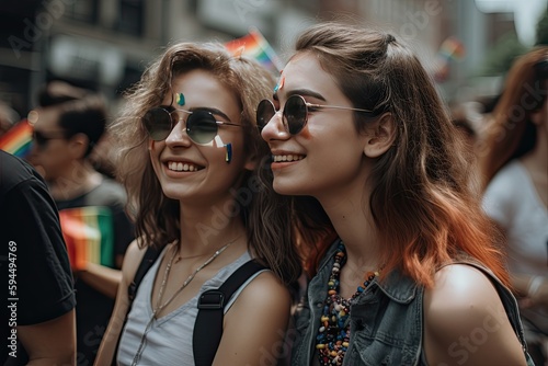 young lesbian couple embracing and dancing at a vibrant pride festival"
