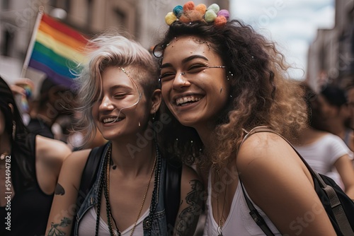 young lesbian couple dancing and having fun at a pride event"