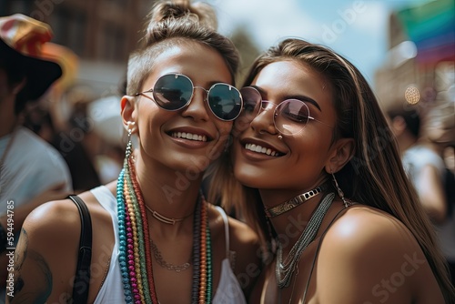 young lesbian couple dancing and having fun at a pride event"