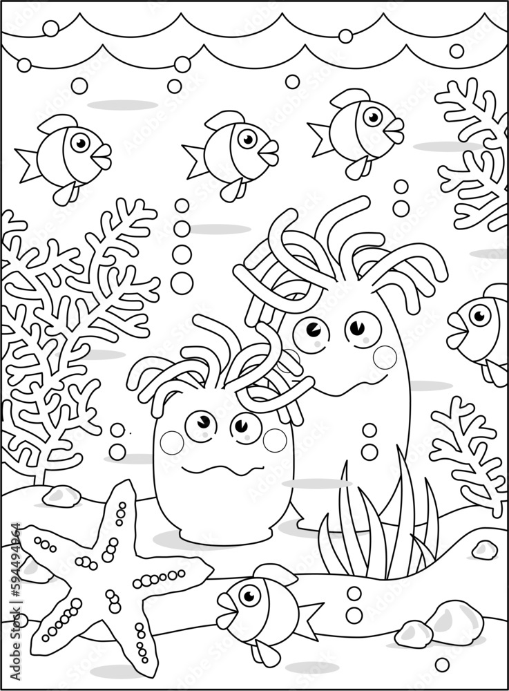 Coloring page with anemones and underwater scene of sea life
