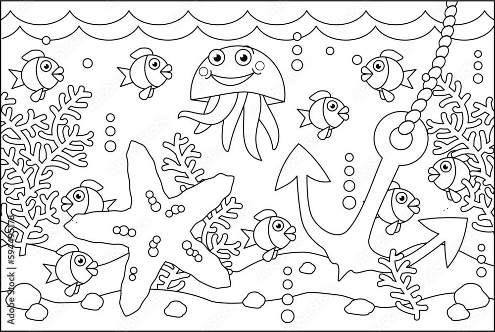 Underwater coloring page with anchor and sea life scene
