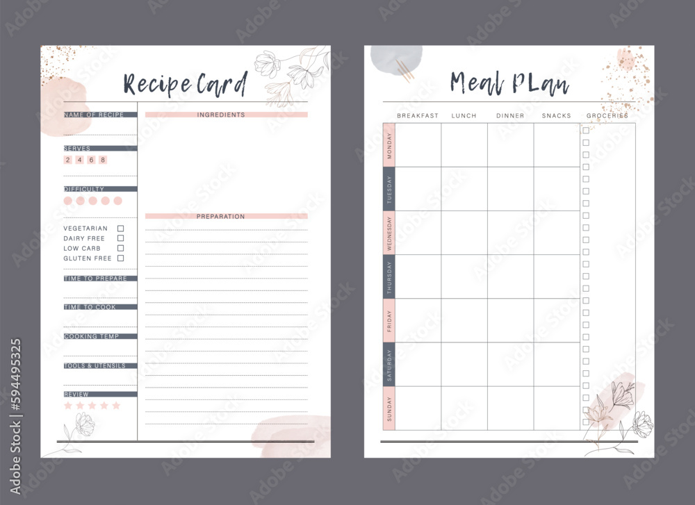 Meal planner and Recipe card. Plan you food day easily. Vector illustration Meal planner and Recipe card. Plan you food day easily. Vector illustration