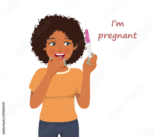 Young African woman excited holding positive pregnancy test result with two red stripes