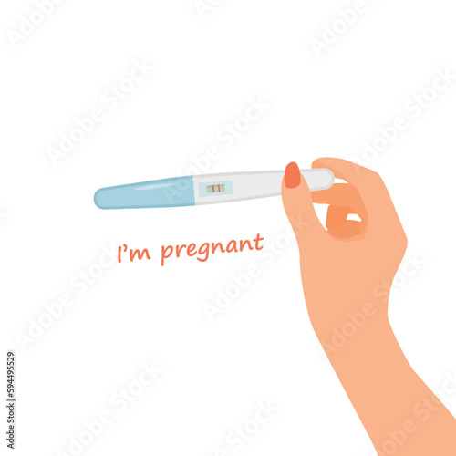 female hands holding positive pregnancy test result with two red stripes
