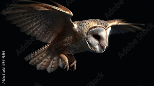 Barn owl from front side flying to the camera direction in the night