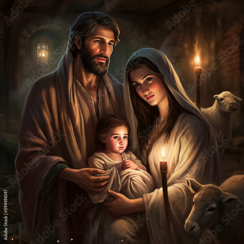 The Holy Family, Jesus, Mary and Joseph. AI generativ.