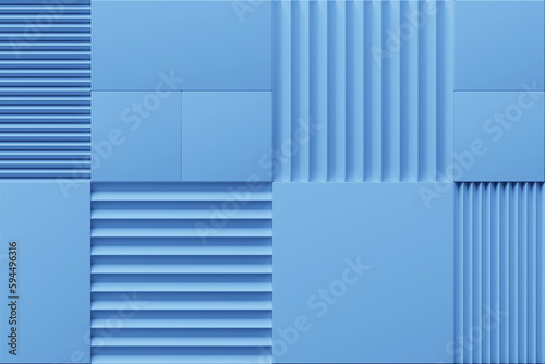 3d illustration of different rows of blue squares .Set of cubes on monocrome background, pattern. Geometry background