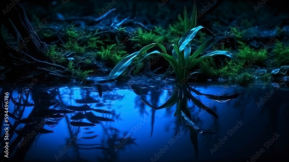 Dark natural scene with reflection of light in the water illustration. Generative AI