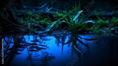 Dark natural scene with reflection of light in the water illustration. Generative AI