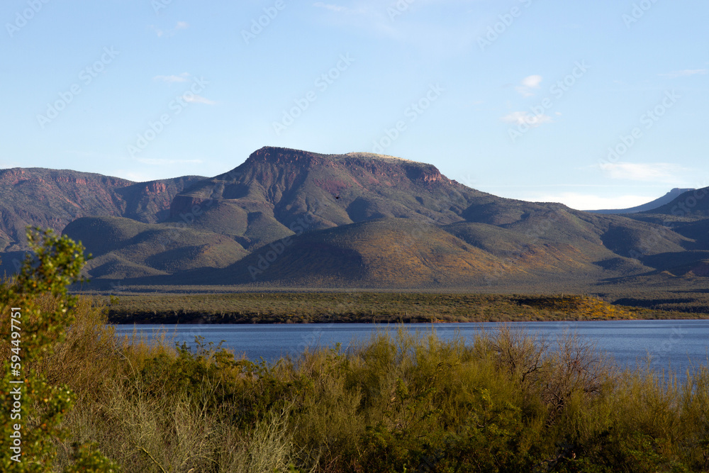 Theodore Roosevelt Lake with high water in spring 2023 in Tonto National Forest in Arizona