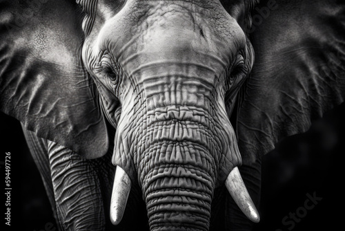 close up of an elephant  black and white illustration. AI generative image.