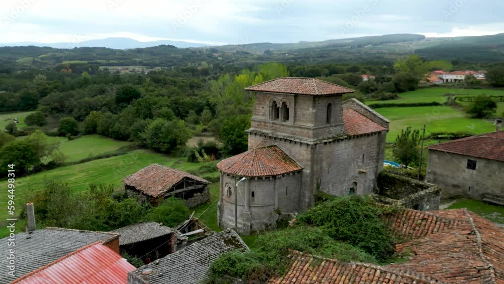 Aerial orbiting shot on church of san miguel de eiré in lugo, spain Aerial orbiting shot on church of san miguel de eiré in lugo, spain