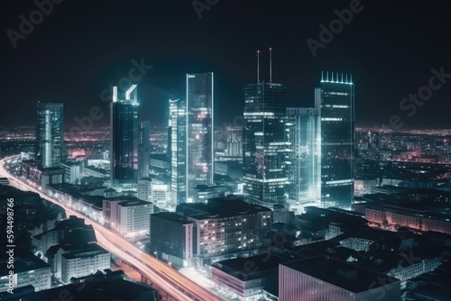 Panoramic view of a modern city at night with high-tech lighting. Generative AI