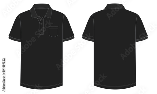 Short sleeve Polo shirt Technical Fashion flat sketch vector illustration black color  template front and back views. Clothing design mock up for men's isolated on White background