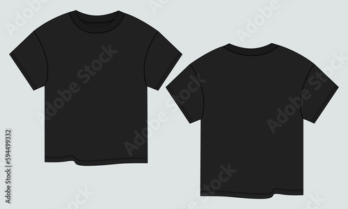 Short sleeve T shirt tops Technical Fashion flat sketch vector illustration black color template front and back views. Clothing design mock up for ladies isolated on Grey background.