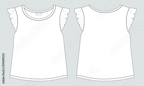 Baby girls dress design technical Flat sketch vector illustration template. Apparel clothing design Mock up front and back views