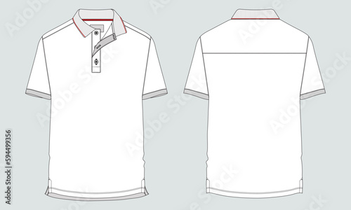 Short sleeve Polo shirt Technical Fashion flat sketch vector illustration  template front and back views. Clothing design mock up for men's isolated on grey background.