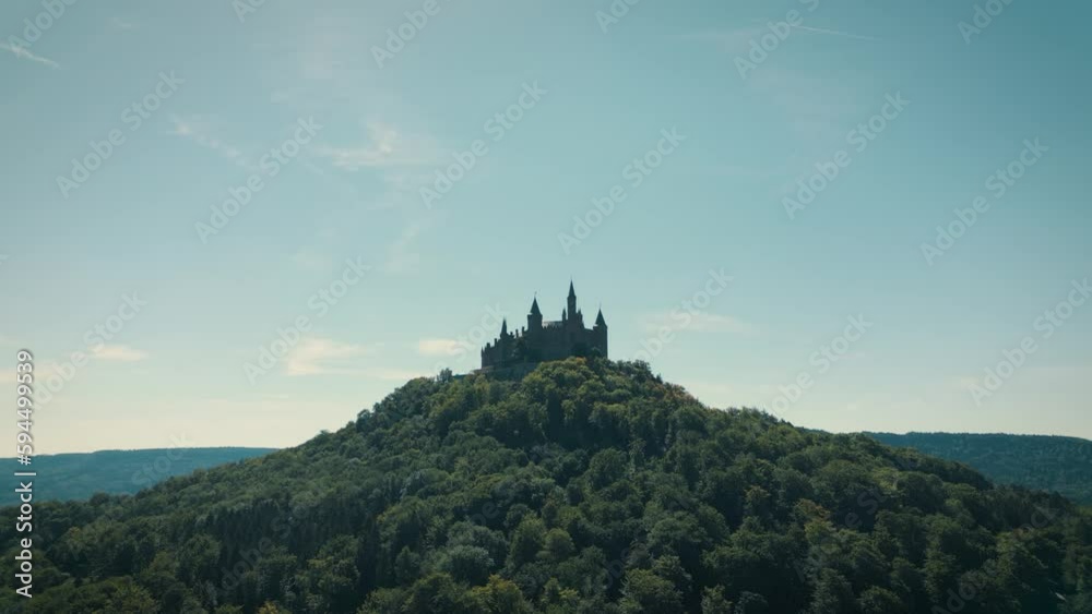 Stunning view of hilltop Castle at Mount Hohenzollern, Germany. Aerial rising Stunning view of hilltop Castle at Mount Hohenzollern, Germany. Aerial rising