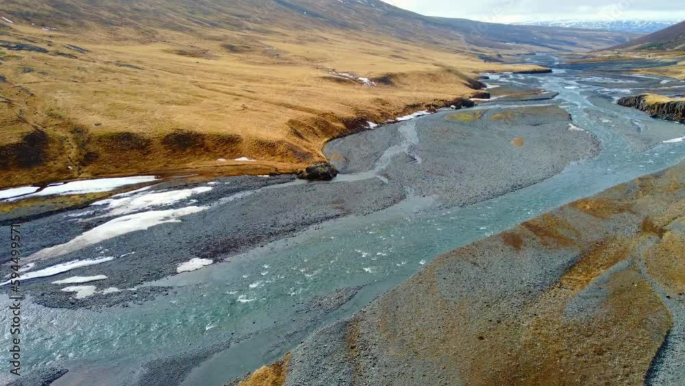 River with Pure Blue Glacier Water in Iceland. Nature Landscape Aerial view 4k. River with Pure Blue Glacier Water in Iceland. Nature Landscape Aerial view 4k.