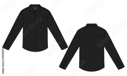 Long sleeve shirt Technical Fashion flat sketch vector illustration black Color Template front and back views isolated on white background