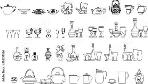 sketch vector black and white illustration of a champagne bottle arrangement on a bar