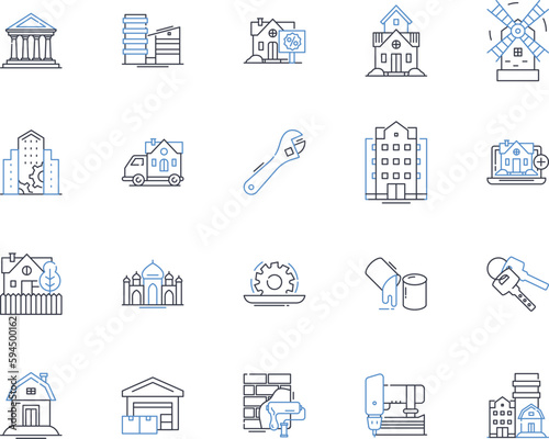Foundation line icons collection. Substructure, Base, Footing, Structure, Underpinning, Bedrock, Groundwork vector and linear illustration. Establishment,Framework,Rudiment outline signs set
